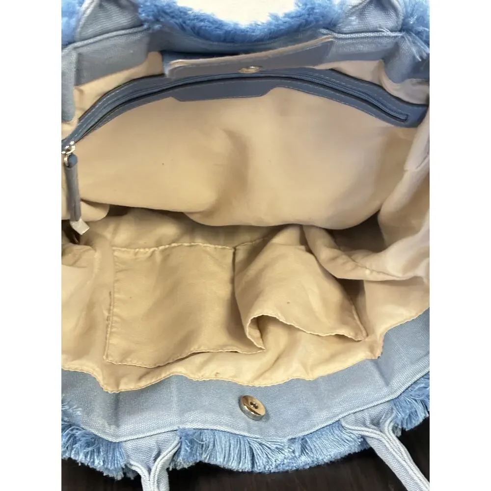 Rae Dunn Out Of Office Tote Bag Light Blue Fringe 16x13x5.5